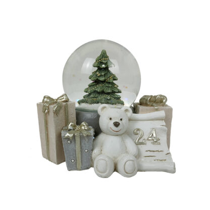 DECORAZIONE ORSETTO IN RESINA CON PALLINA IN VETRO E ALBERO DI NATALE ALL'INTERNO